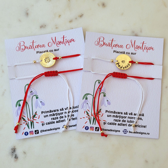 Bratara Martisor banut placat cu aur, gravat cu trifoi, cu snur ajustabil [5]