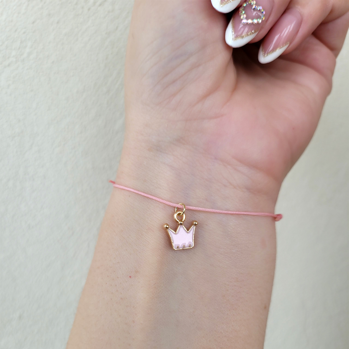 Bratara Martisor colorat cu coronita emailata si snur ajustabil roz [6]
