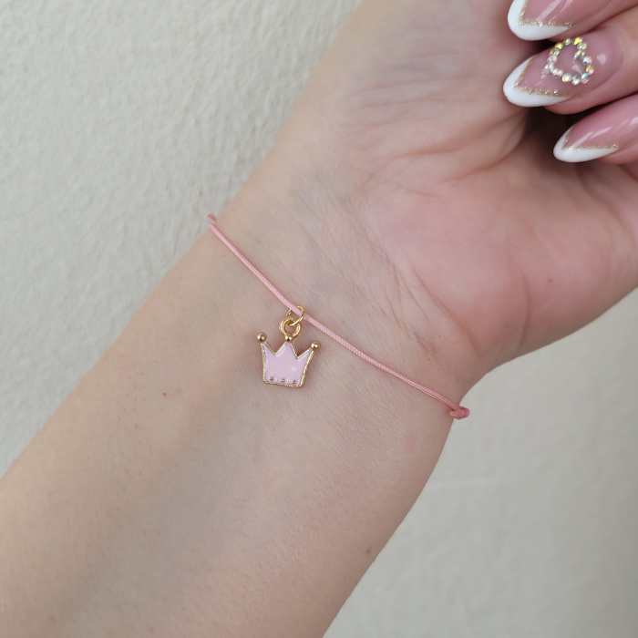 Bratara Martisor colorat cu coronita emailata si snur ajustabil roz [5]