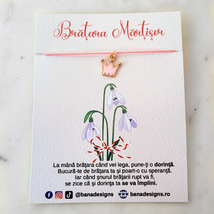 Bratara Martisor colorat cu coronita emailata si snur ajustabil roz [7]