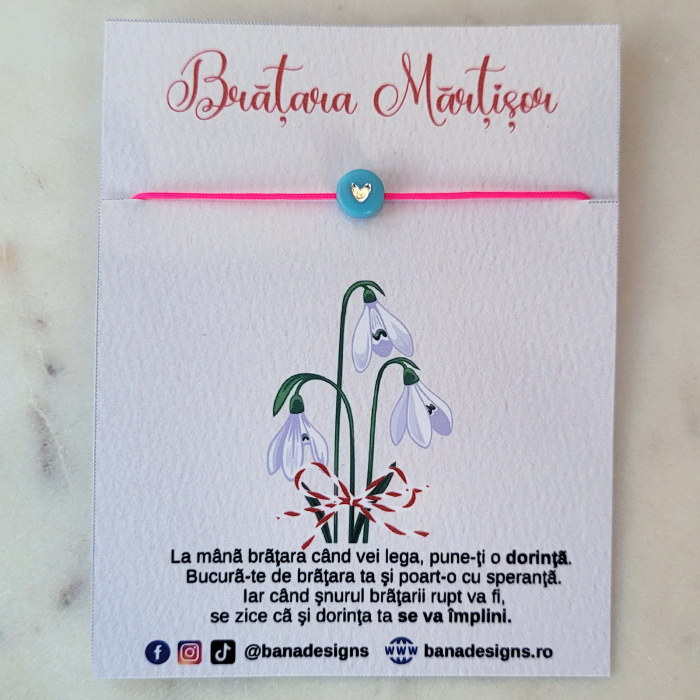 Bratara Martisor colorat cu inimioara turcoaz cu argintiu si snur ajustabil rozi neon [3]