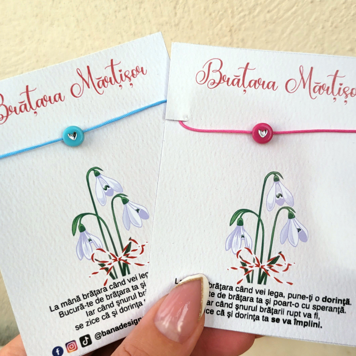 Bratara Martisor colorat cu inimioara turcoaz cu argintiu si snur ajustabil albastru [3]