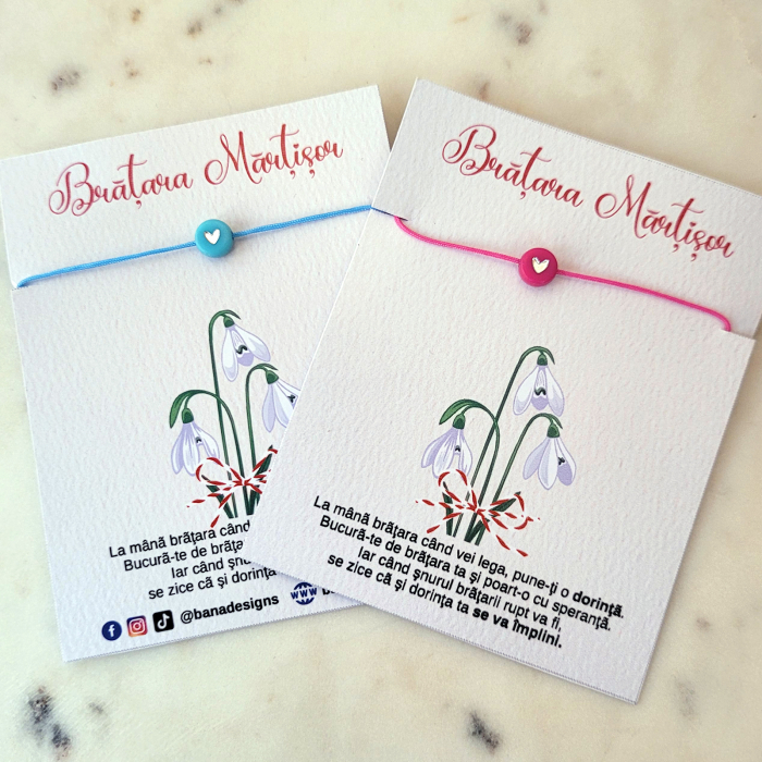 Bratara Martisor colorat cu inimioara turcoaz cu argintiu si snur ajustabil albastru [4]