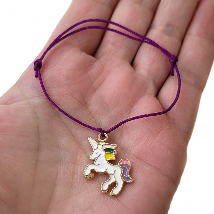 Bratara Martisor colorat cu unicorn emailat si snur ajustabil mov [2]