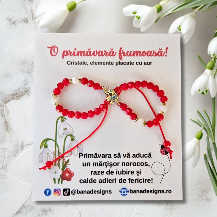 Bratara martisor cu elefantel, cristale rosii si margele texturate placate cu aur de 18K [3]