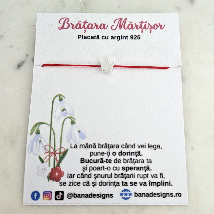 Bratara Martisor coronita placata cu argint 925, cu snur rosu [2]