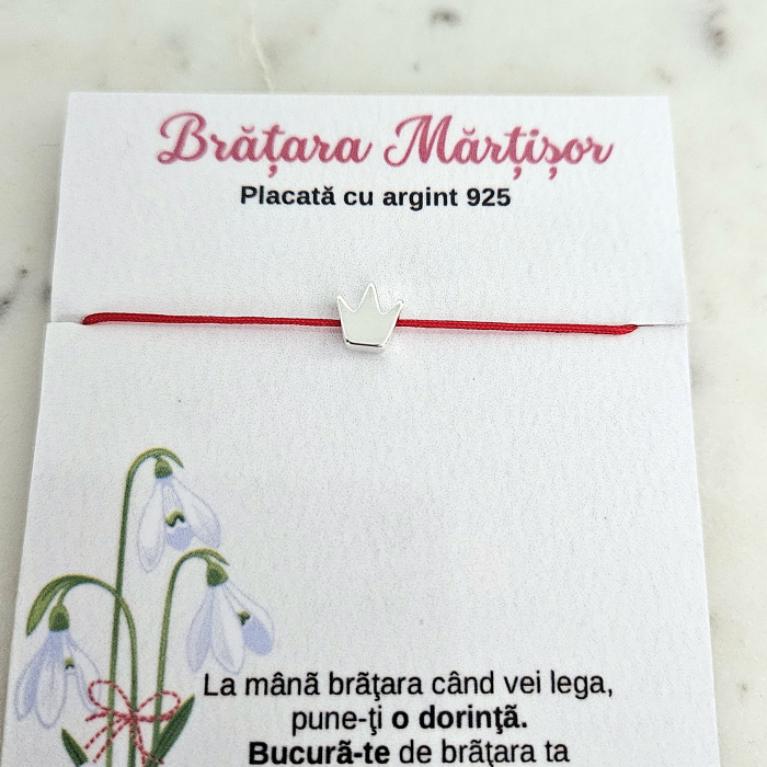 Bratara Martisor coronita placata cu argint 925, cu snur rosu [6]