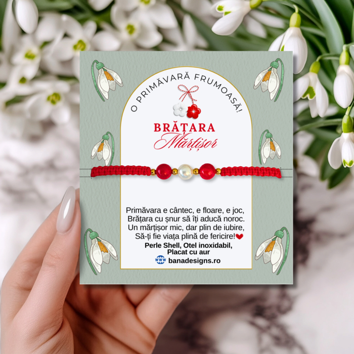 Brățară Mărțișor cu perle Shell Pearls roșii și albe de 6 mm, elemente din inox placat cu aur, șnur macrame ajustabil, ambalată elegant pentru cadou. [2]
