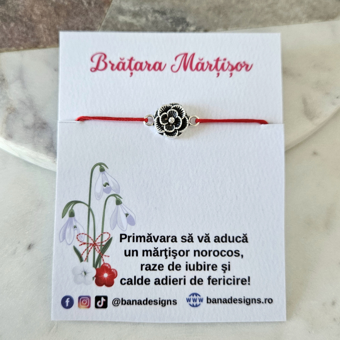 Bratara Martisor cu banut floare texturata si snur rosu ajustabil [2]