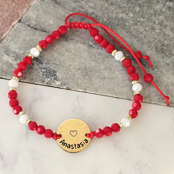 Bratara Martisor cu banut personalizat si cristale rosii si albe, placata cu aur [3]