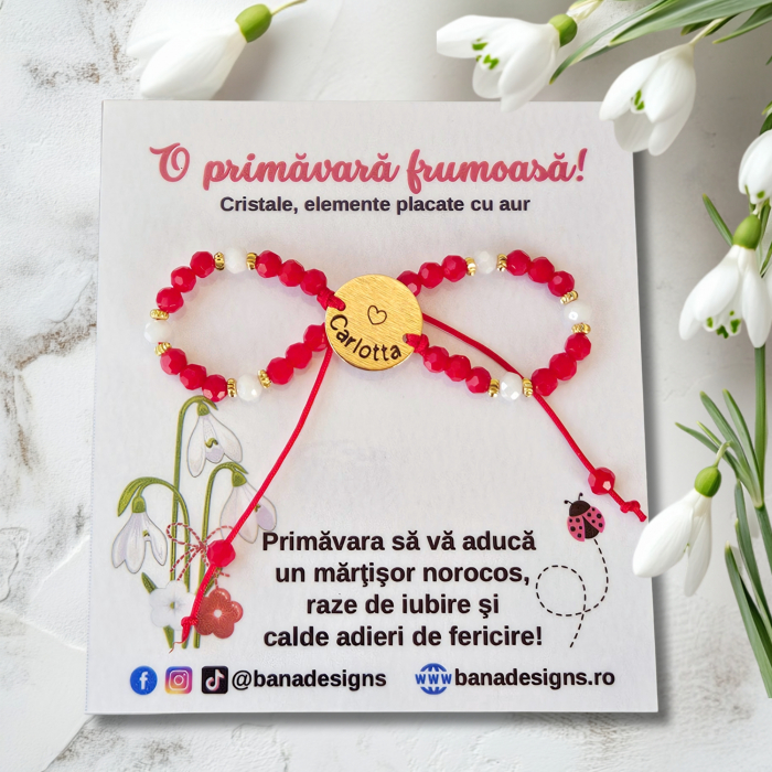 Bratara Martisor cu banut personalizat si cristale rosii si albe, placata cu aur [2]
