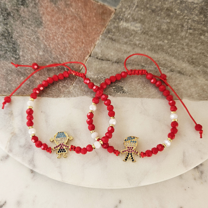 Bratara Martisor cu fetita sau baietel si cristale rosii si albe, placata cu aur [2]
