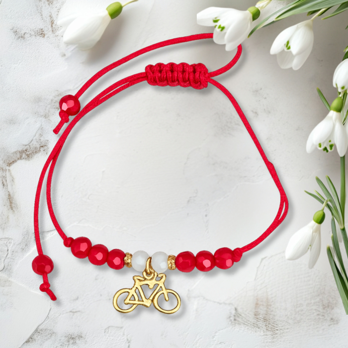 Bratara Martisor cu bicicleta si cristale rosii si albe, placata cu aur [2]