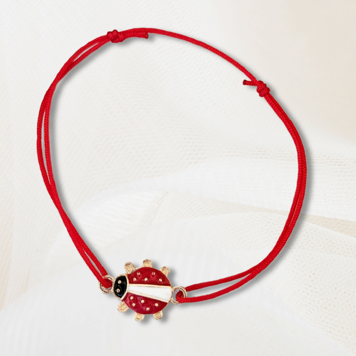 Bratara Martisor cu buburuza emailata rosie cu auriu si snur rosu ajustabil [3]