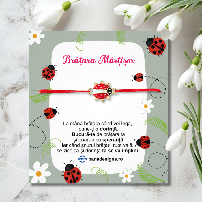 Bratara Martisor cu buburuza emailata rosie cu auriu si snur rosu ajustabil [2]