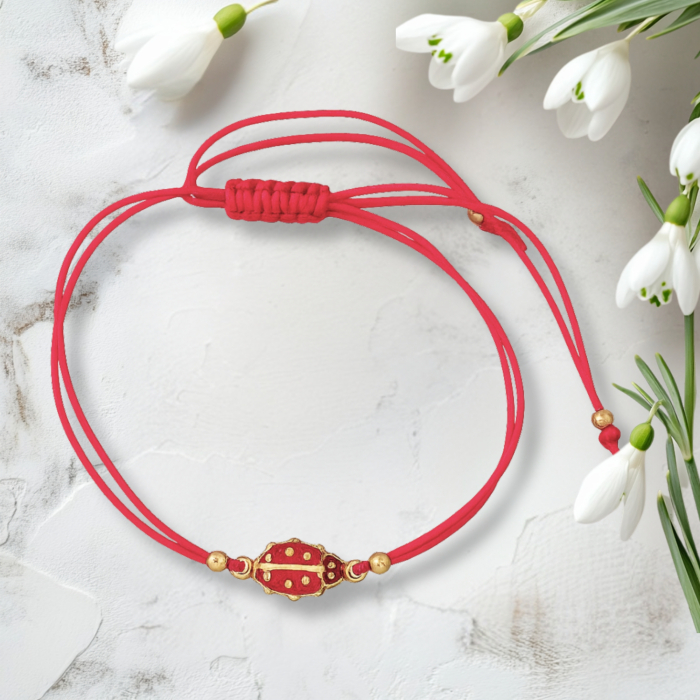 Brățară Mărțișor cu buburuză norocoasă roșie, șnur roșu ajustabil, mărgele inox IP placat cu aur, cadou de 1 Martie [3]
