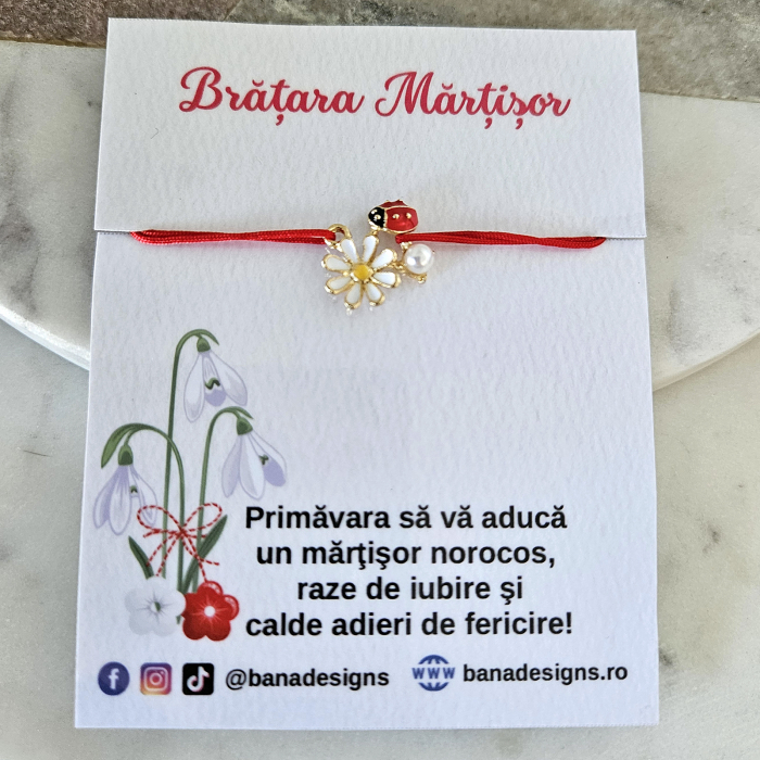 Bratara Martisor cu buburuza floare emailata si perluta, snur rosu ajustabil [3]