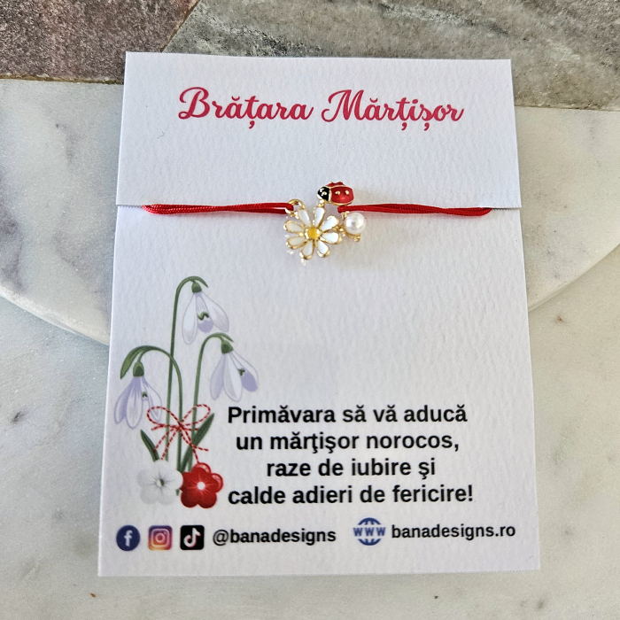 Bratara Martisor cu buburuza floare emailata si perluta, snur rosu ajustabil [4]