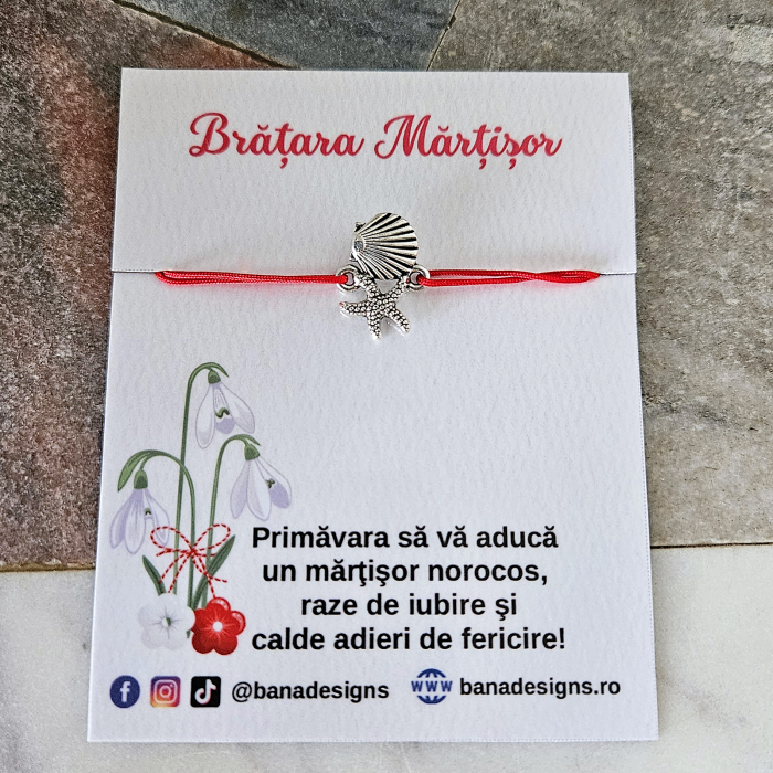 Bratara Martisor cu scoica si stea de mare, snur rosu ajustabil [2]