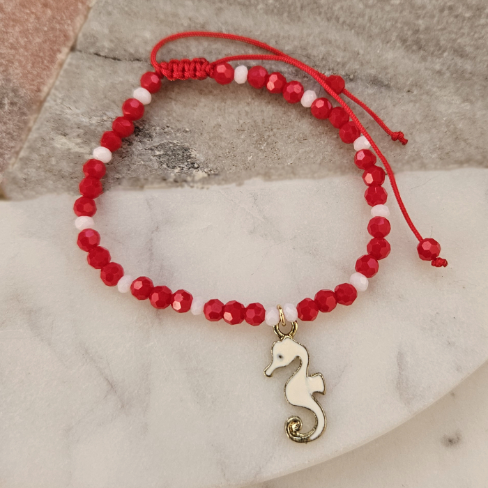 Bratara Martisor cu calut de mare emailat, cristale rosii si albe [4]