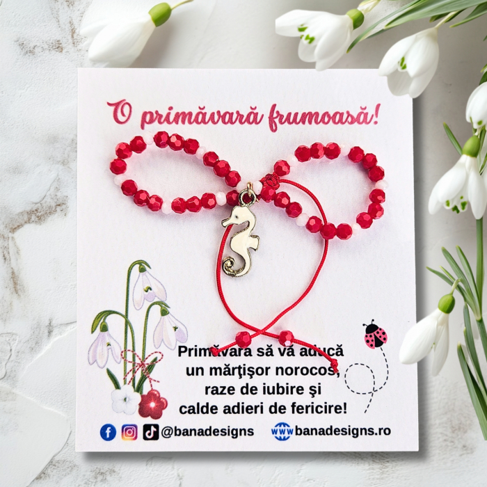 Bratara Martisor cu calut de mare emailat, cristale rosii si albe [2]