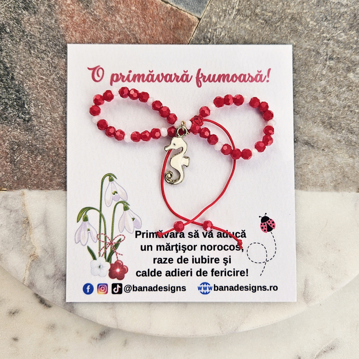 Bratara Martisor cu calut de mare emailat, cristale rosii si albe [5]