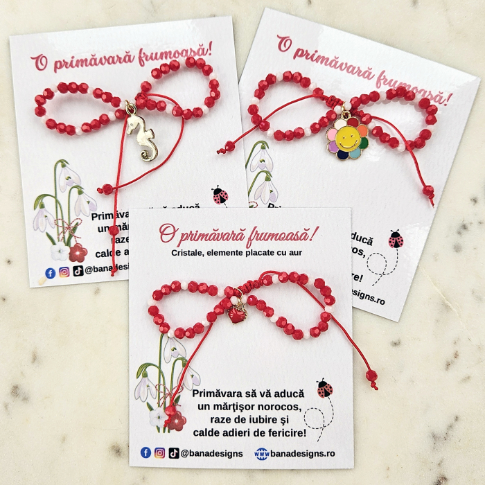 Bratara Martisor cu calut de mare emailat, cristale rosii si albe [6]