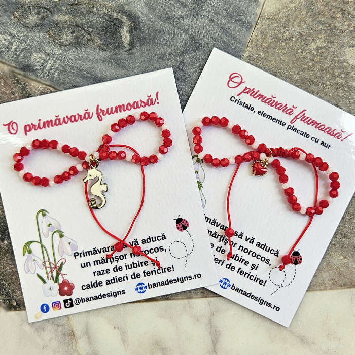 Bratara Martisor cu calut de mare emailat, cristale rosii si albe [7]