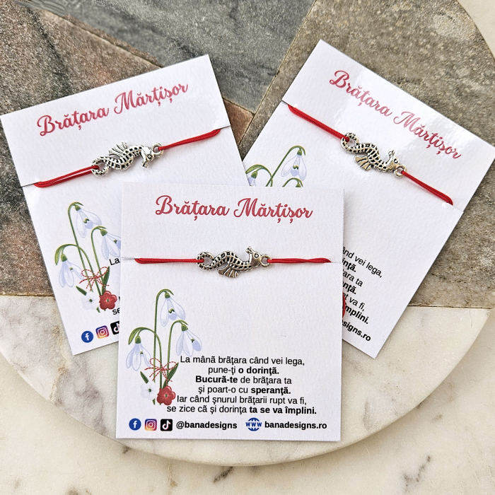 Bratara Martisor cu calut de mare si snur ajustabil rosu [5]
