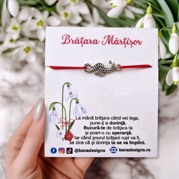 Bratara Martisor cu calut de mare si snur ajustabil rosu [2]