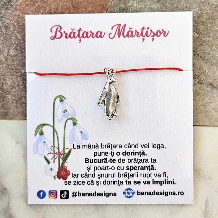 Bratara Martisor cu pinguin si snur rosu ajustabil [2]