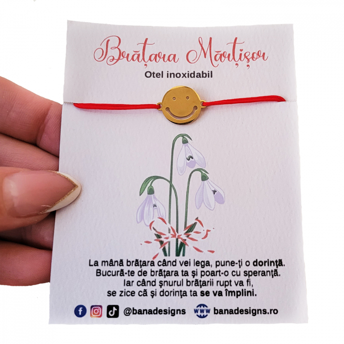Bratara martisor cu charm emoticon din otel inoxidabil auriu, cu snur ajustabil [4]