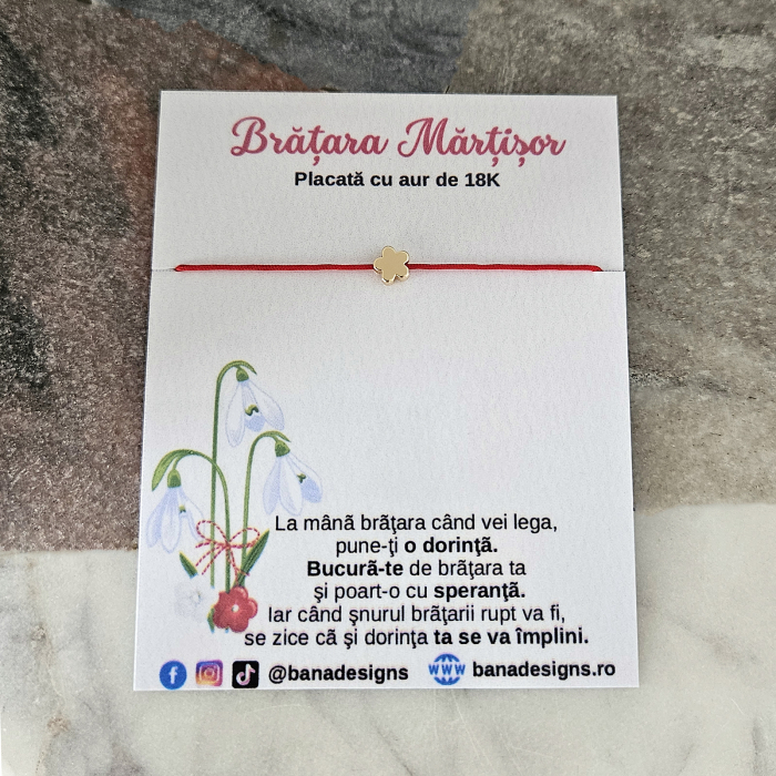 Bratara martisor cu charm floricica, placata cu aur de 18K, bratara norocoasa, cu snur rosu [2]