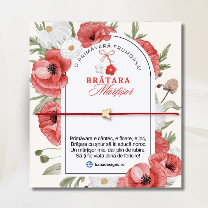 Bratara martisor cu charm fluturas placat cu aur aur de 18K,  snur rosu [3]