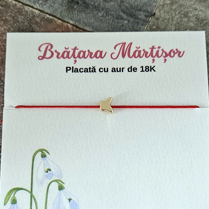 Bratara martisor cu charm fluturas placat cu aur aur de 18K,  snur rosu [2]