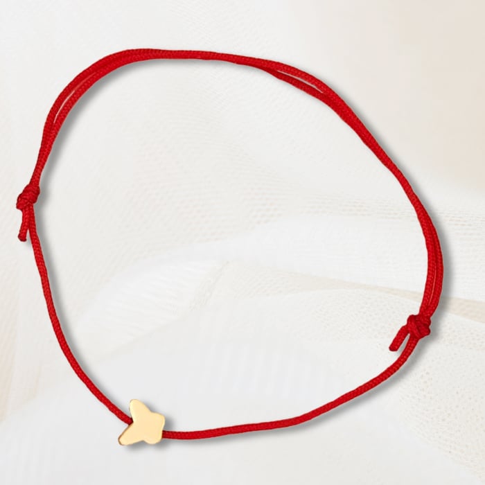 Bratara martisor cu charm fluturas placat cu aur aur de 18K,  snur rosu [4]
