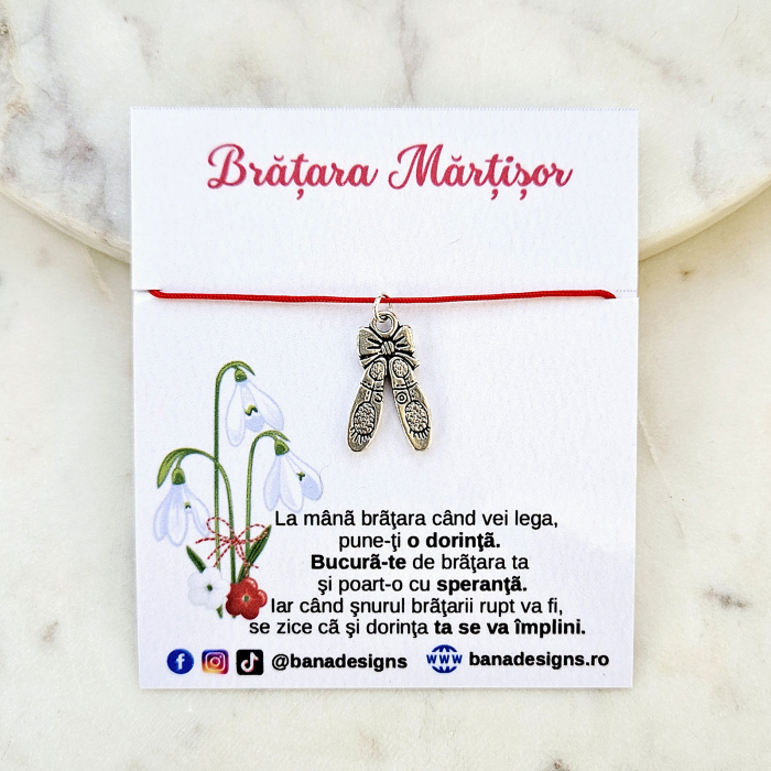 Bratara Martisor cu charm pantofi de balet si snur rosu ajustabil [2]