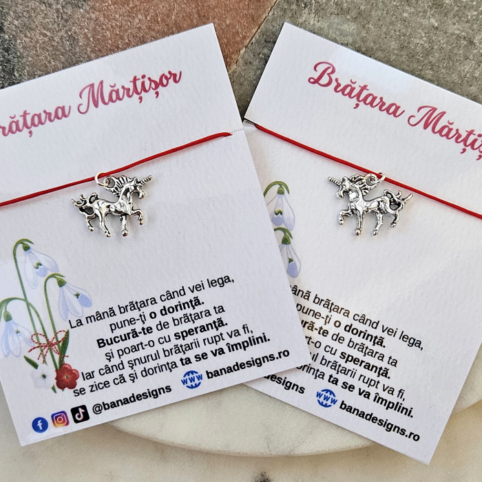 Bratara Martisor cu charm unicorn cu snur rosu ajustabil [2]