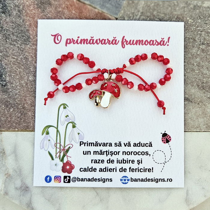 Bratara Martisor cu ciupercute emailate, cristale rosii si albe [4]