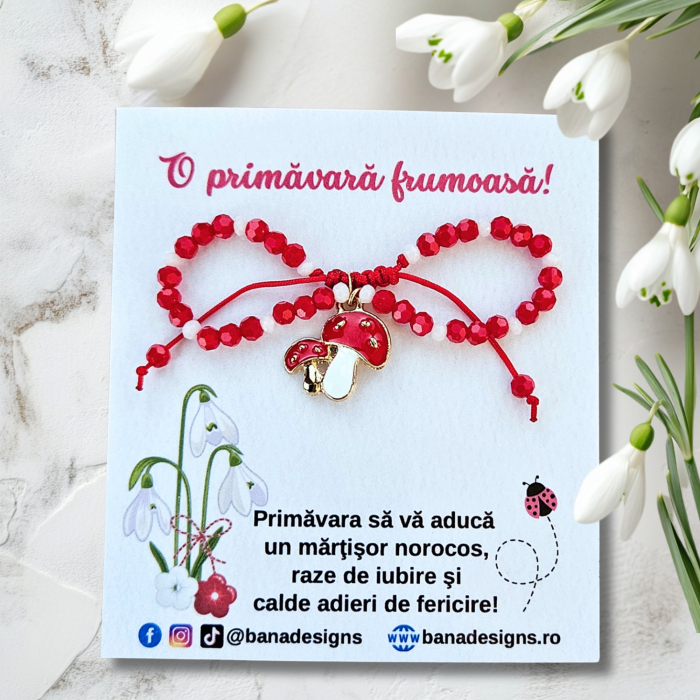 Bratara Martisor cu ciupercute emailate, cristale rosii si albe [2]