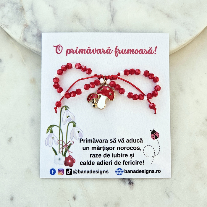 Bratara Martisor cu ciupercute emailate, cristale rosii si albe [3]