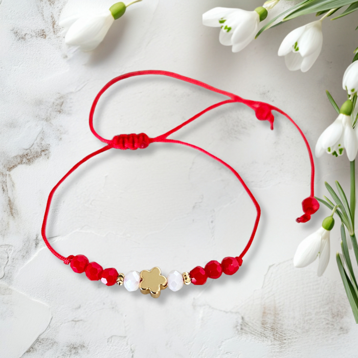 Bratara Martisor cu floricica si cristale rosii si albe, placata cu aur [2]