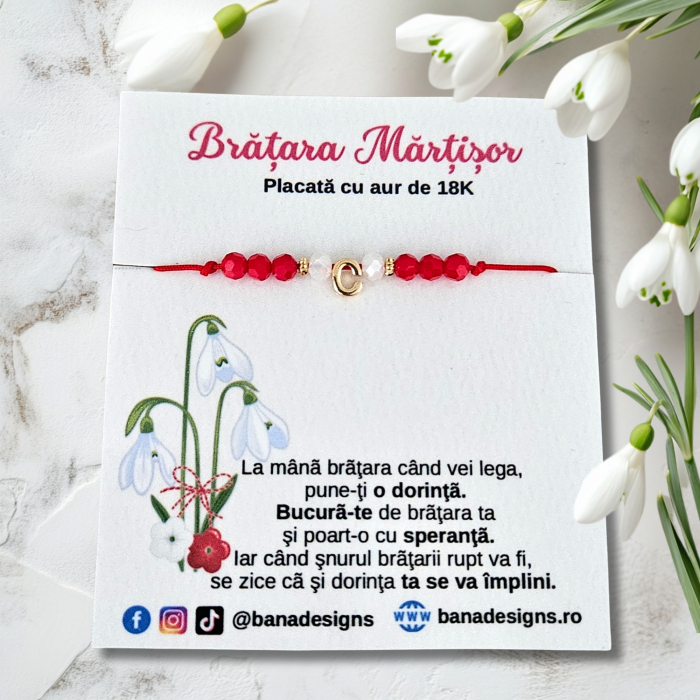 Bratara Martisor cu initiala si cristale rosii si albe, placata cu aur [2]