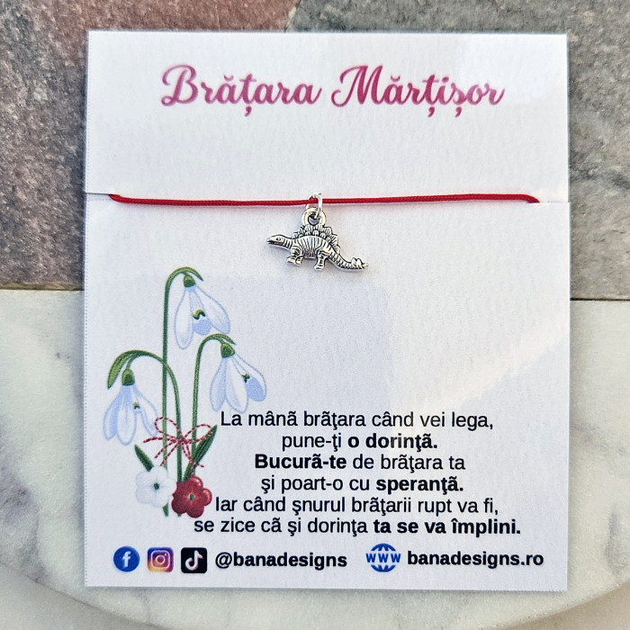 Bratara Martisor cu charm dinozaur si snur rosu ajustabil [5]
