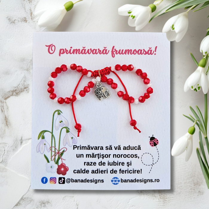 Bratara Martisor cu elefant, cristale rosii si albe [2]