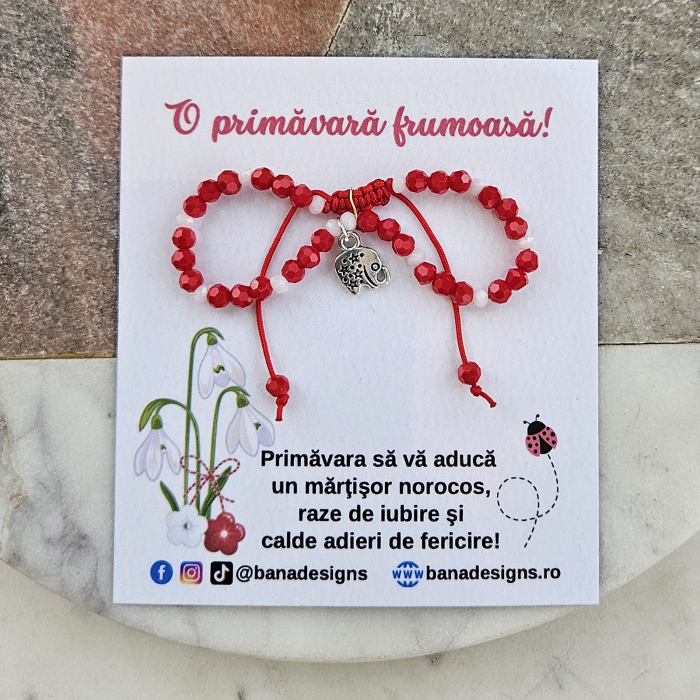 Bratara Martisor cu elefant, cristale rosii si albe [6]