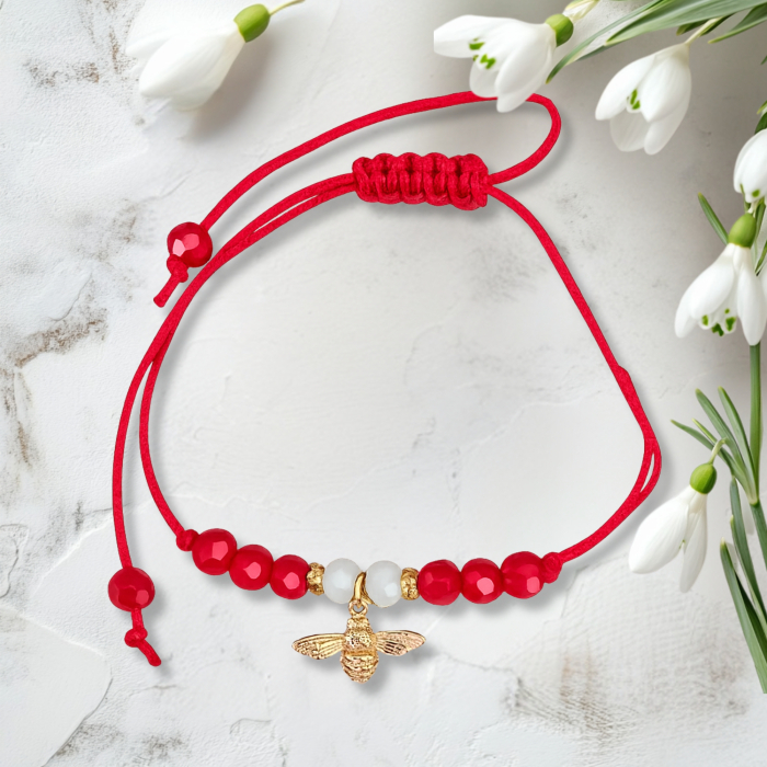 Bratara Martisor cu albinuta placata cu aur si cristale alb si rosu [3]