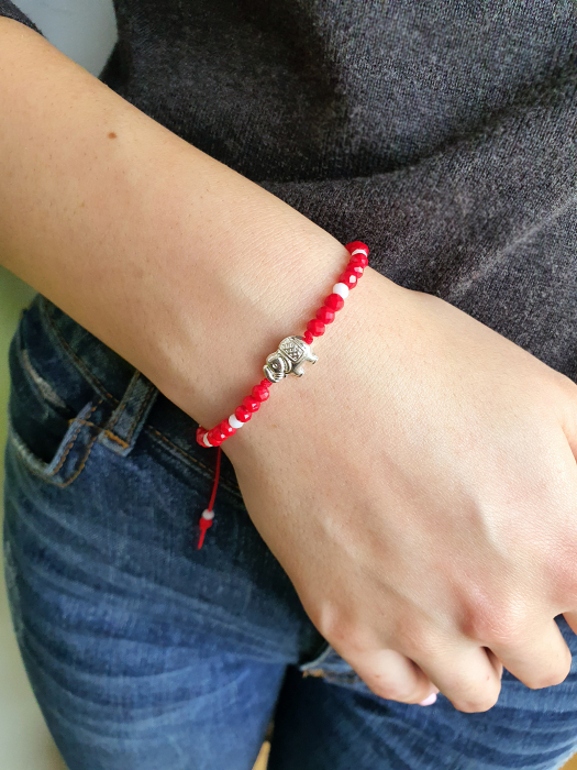 Bratara Martisor cu elefant si cristale rosii si albe, cu snur ajustabil [2]