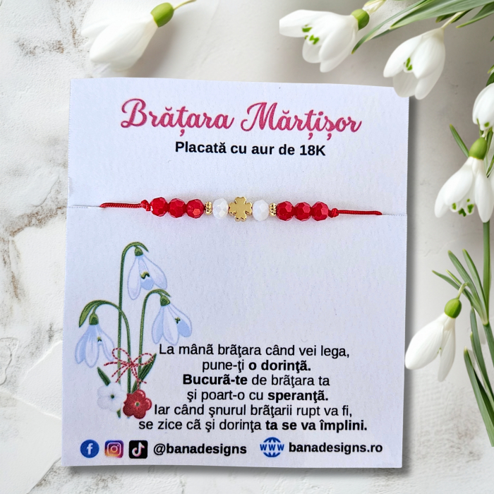 Bratara Martisor cu trifoi si cristale rosii si albe, placata cu aur [3]