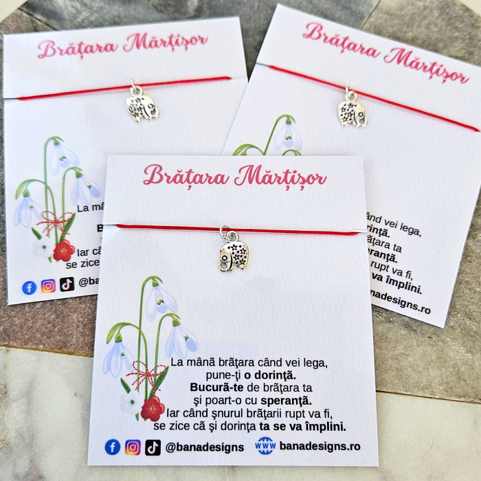 Bratara Martisor cu elefantel dragalas, snur rosu ajustabil [2]